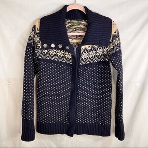 Eddie Bauer Cardigan Sweater Womens S Full Zip Wool Blend Blue Nordic Heart Knit
